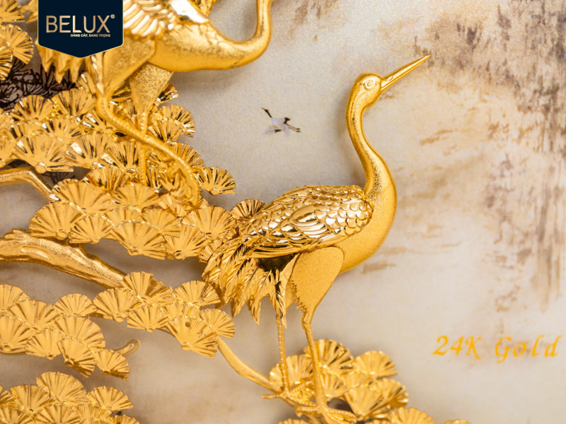 Tranh Tùng Hạc Dát Vàng 24k- 28x28cm